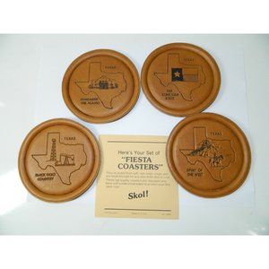 Texas Fiesta Coasters Alamo Oil Lone Star Cowboy Engraved Vinyl Skol Set Of 4